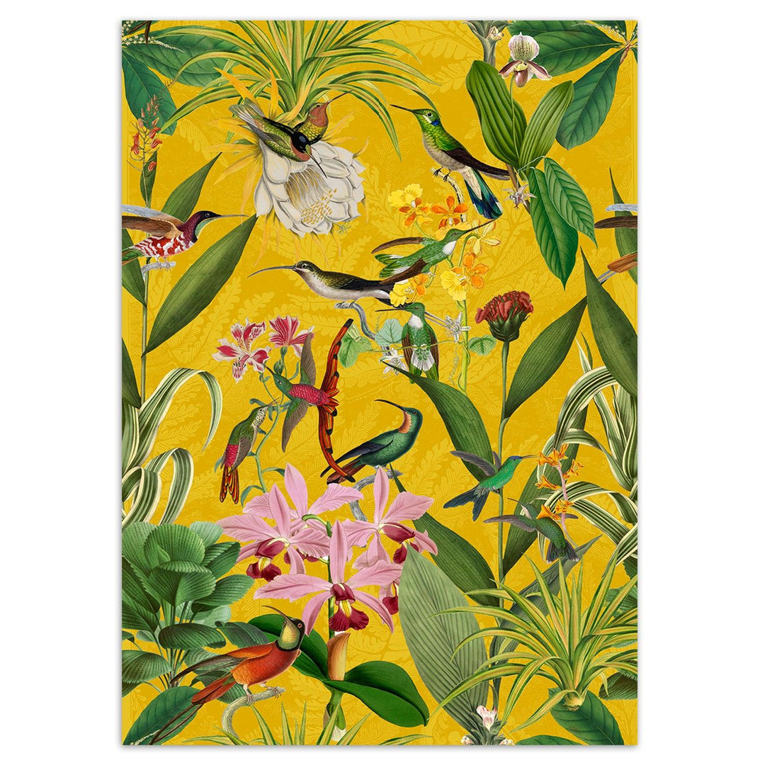 Fototapete, Vögel und Blätter auf gelbem Hintergrund - Andrea Haase